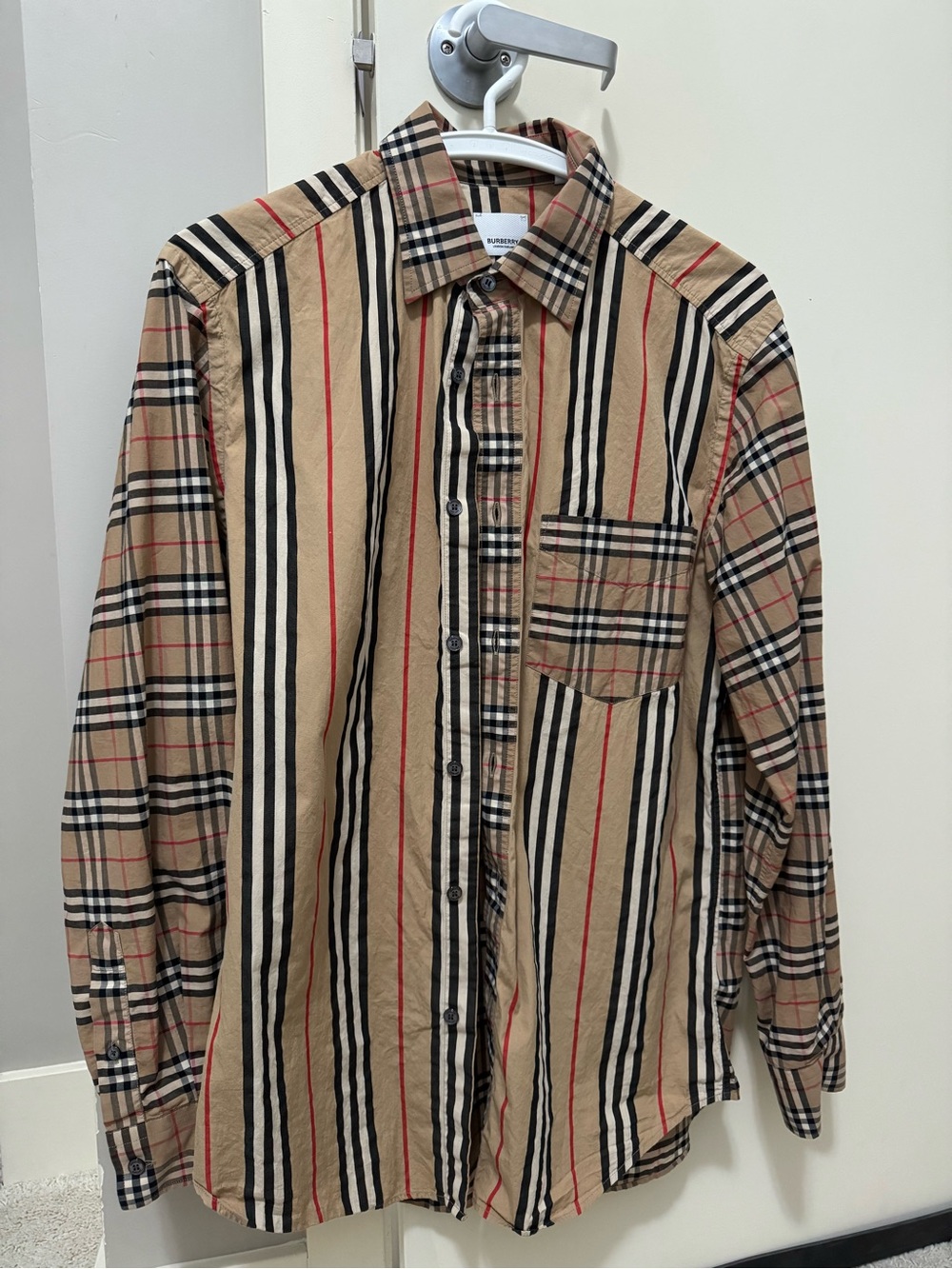 Burberry Beige Shirt Jacket with Black and Red Stripes
